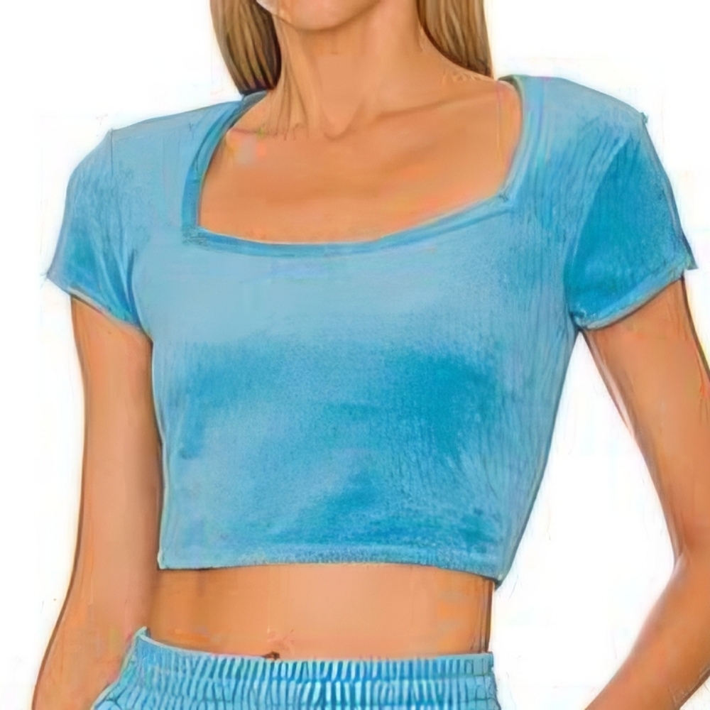 NWT ALO Yoga Terry Beachside Short Sleeve Crop Top Blue Splash size L